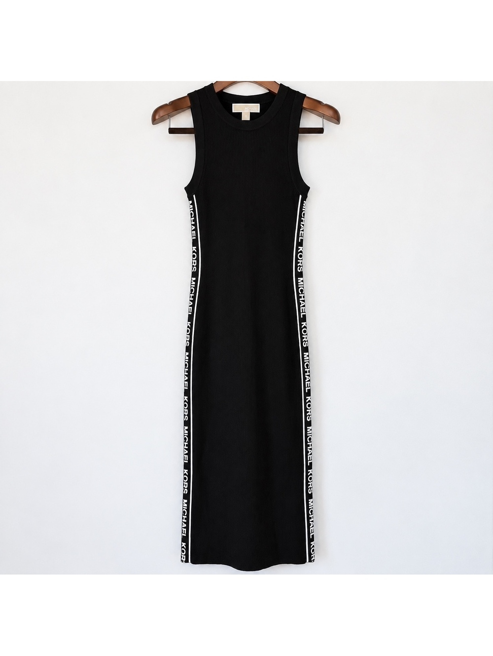 Michael Kors Black Ribbed Knit Sleeveless Midi Dress with Logo Tape Detail Small
